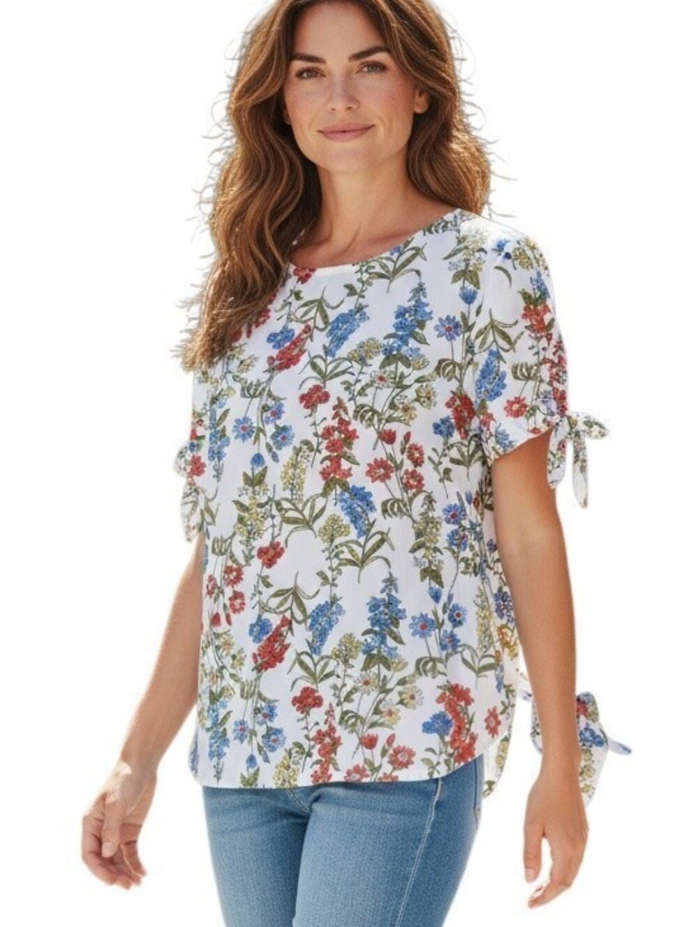 #292 Lily White Floral Tie-Sleeve Blouse in White with Blue & Red Flowers